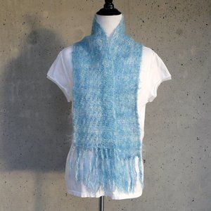 Vintage Barbara A Kinahan mohair scarf, blue / teal, 5-1/2" x 46" + fringe, USA
